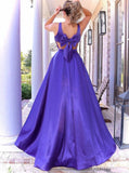 A Line Sleeveless Satin Prom Dresses Strap Long Eveing Dresses with Back Bow