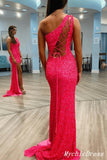 Long Pink Prom Dresses Sequins One Shoulder Evening Gown with Split