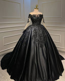 Long Sleeve Ball Gown Lace Appliques Plus Size Satin Prom Dresses UK
