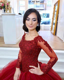 Long Sleeves Ball Gowns Wedding Dresses Lace Maroon Quinceanera Dresses