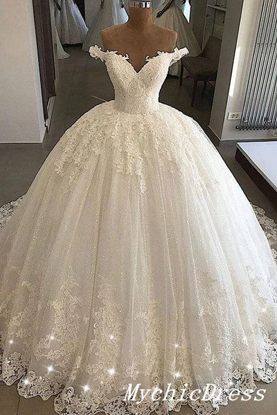 Ivory Tulle Lace Ball Gown Wedding Dresses Appliques Off the Shoulder ...