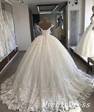 Ivory Tulle Lace Ball Gown Wedding Dresses Appliques Off the Shoulder