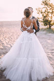 V Neck Lace Applique Wedding Dresses Layered Tulle Skirt  Wedding Gown