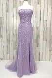 2024 Lace Long Blue Prom Dresses Strapless Mermaid Evening Gown with Split