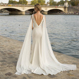Simple Soft Satin V Neck Mermaid Wedding Dresses Long Beach Bridal Dress