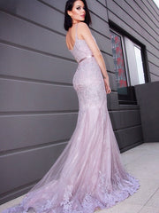 Hot V Neck Sleeveless Long Mermaid Lace Prom Dresses