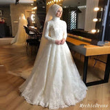 A Line Lace White Muslim Wedding Dresses High Neck Applique Long Sleeves