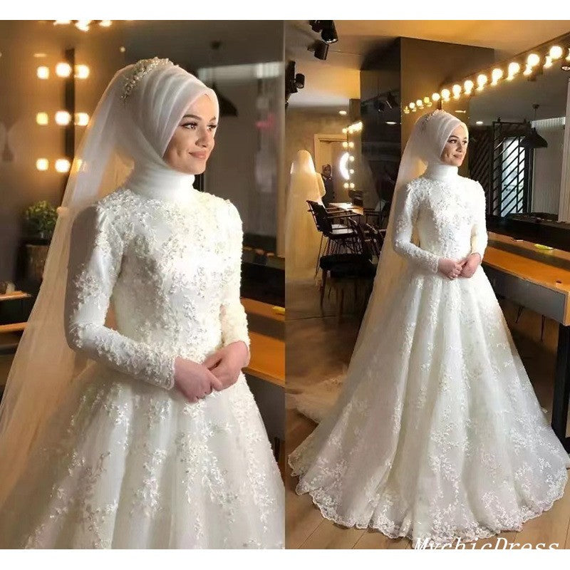 White Muslim Wedding Dress with Long Sleeves – ROYCEBRIDAL OFFICIAL STORE