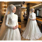 A Line Lace White Muslim Wedding Dresses High Neck Applique Long Sleeves