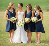 Simple Satin V Neck Navy Blue Short Bridesmaid Dresses with Pockets