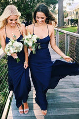 Simple Navy Blue Bridesmaid Dresses Chiffon Spaghetti Straps