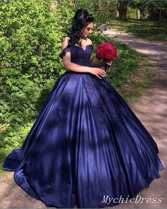 Sweetheart Navy Blue Lace Prom Dresses Ball Gown off Shoulder Quincean –  MyChicDress