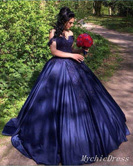 Sweetheart Navy Blue Lace Prom Dresses Ball Gown off Shoulder Quinceanera Dress