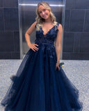 A-Line V Neck Navy Blue Lace Prom Dresses Appliques Evening Dress Long