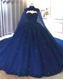 Ball Gown Navy Blue Tulle Lace Crystals Quinceanera Dresses With Cape