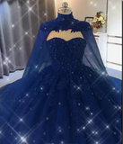 Ball Gown Navy Blue Tulle Lace Crystals Quinceanera Dresses With Cape