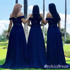 Off the Shoulder Lace Navy Blue Bridesmaid Dresses Sequins Wedding Guest Dress