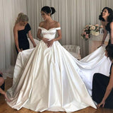 A Line Satin Wedding Dresses Off the Shoulder Bridal Gown with Train