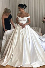A Line Satin Wedding Dresses Off the Shoulder Bridal Gown with Train