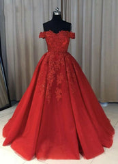 Off the Shoulder Lace Red Prom Dresses A Line Sequin Evening Gowns