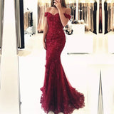 Off the Shoulder Lace Mermaid Burgundy Prom Dresses