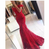 Off the Shoulder Lace Mermaid Burgundy Prom Dresses