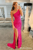 Hot One Shoulder Sequin Evening Dresses Long Mermaid Pink Prom Dress UK