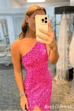 Hot One Shoulder Sequin Evening Dresses Long Mermaid Pink Prom Dress UK