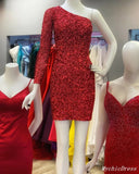 One Shoulder Short Homecoming Dress Burgundy Sequin Prom Dresses