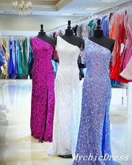 Sequins Prom Dresses 2024 One Shoulder Long Evening Dresses with Split