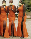 Sexy One Shoulder Mermaid Orange Bridesmaid Dresses UK with Split