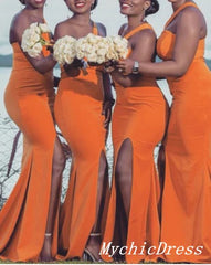 One Shoulder Orange Wedding Guest Dresses Mermaid Bridesmaid Dresses with Split