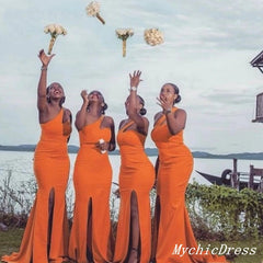 One Shoulder Orange Wedding Guest Dresses Mermaid Bridesmaid Dresses with Split