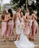 Hot Silk Satin Short Pink Bridesmaid Dresses Boho Spaghetti Straps Summer Dress