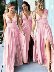 Backless Long Beach V-Neck Gold Bridesmaid Dresses Slit Side