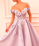 Princess Off-The-Shoulder Flower Prom Dresses A-line Appliques Long Evening Gown