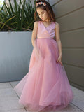 Hop Sleeveless Tulle Pink Flower Girl Dresses Cheap with Bowknot
