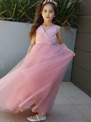 Hop Sleeveless Tulle Pink Flower Girl Dresses Cheap with Bowknot
