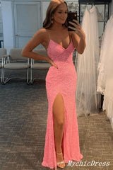 Cheap Mermaid Spaghetti Straps Glitter UK Prom Dresses Pink Sequin Evening Dresses