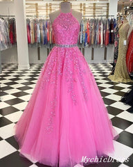 2024 Halter Pink Prom Dresses A Line Lace Evening Gowns With Beaded