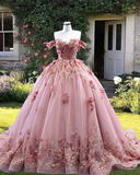 Off The Shoulder 3D Flowers Ball Gown Pink Quinceanera Dresses