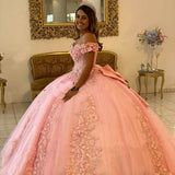 Off the Shoulder Lace Pink Quinceanera Dresses Applique Beaded Ball Gowns