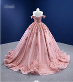 Off The Shoulder 3D Flowers Ball Gown Pink Quinceanera Dresses