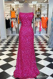 Sparkling Hot Pink Sequin Prom Dresses Spaghetti Straps with Slit