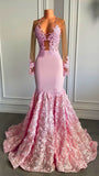 Pink Long Sleeves Lace Prom Dresses Mermaid Tulle Evening Formal Gown