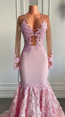 Pink Long Sleeves Lace Prom Dresses Mermaid Tulle Evening Formal Gown