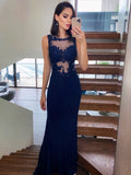 Sexy Mermaid Lace Navy Blue Prom Dresses Sleeveless Evening Gowns