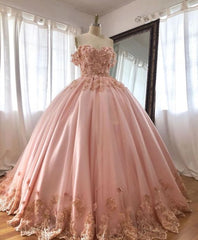 Pink Embroidered Lace Ball Gown Quinceanera Dresses Off Shoulder