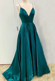 A Line Long Satin Emerald Green Prom Dresses 2023 with Split