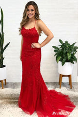 2024 Red Lace Prom Dresses Long Spaghetti Straps Cross Back